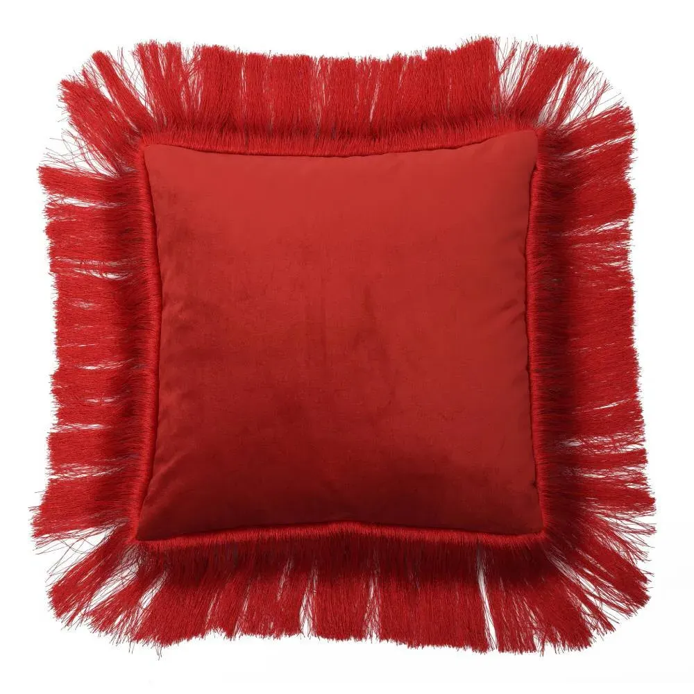 Square Fringed Cushion - Red, Silk Twill
