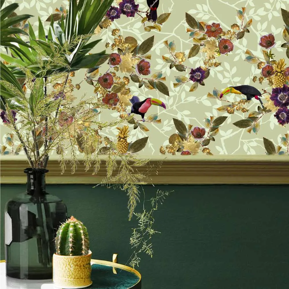 Tropical Wallpaper with Toucans - Mint