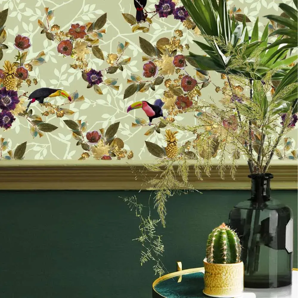 Tropical Wallpaper with Toucans - Mint
