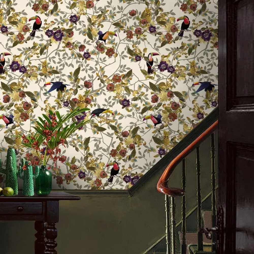 Tropical Wallpaper with Toucans - Taupe