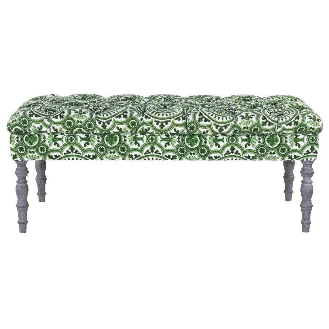 Tufted Ottoman Bench - Manor Pattern, Linen