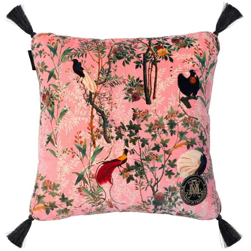 Velvet Cushion with Tassels - Pink, Botanical image