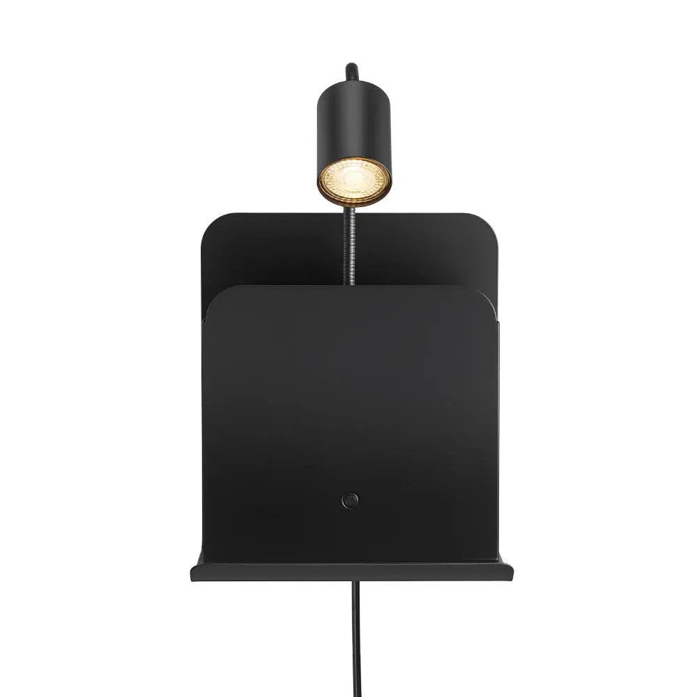Wall Light with Shelf & USB Port - Black