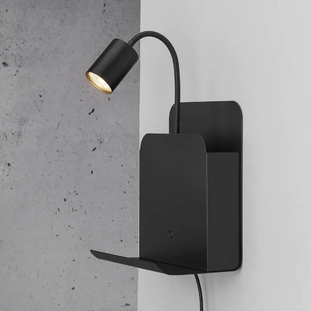 Wall Light with Shelf & USB Port - Black