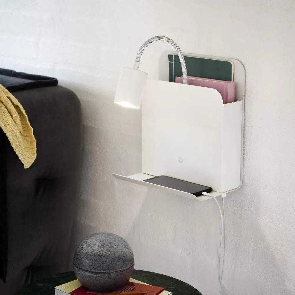 Wall Light with Shelf & USB Port - White