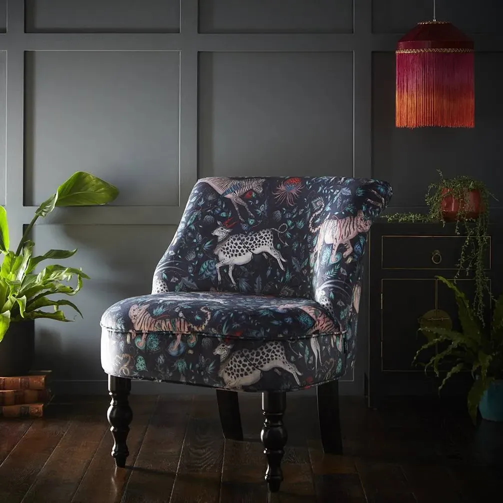 Wingback Armchair with Protea Print - Navy, Velvet