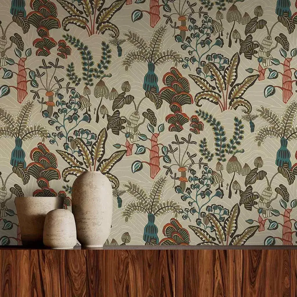Woodland Floor Wallpaper Roll - Stone & Teal image