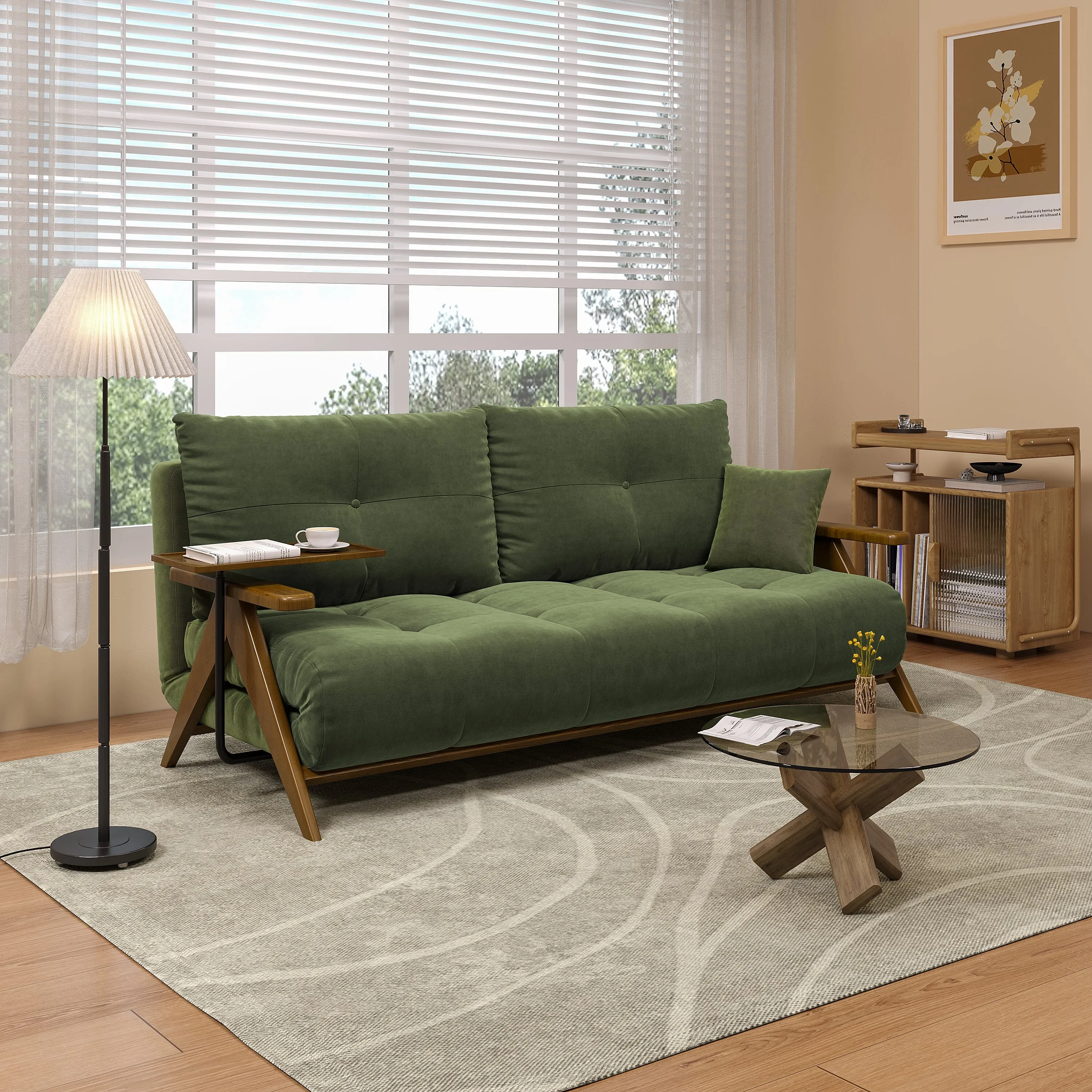 Foldable 3 Mode Sofa Bed - Matte Fabric, Solid Wood