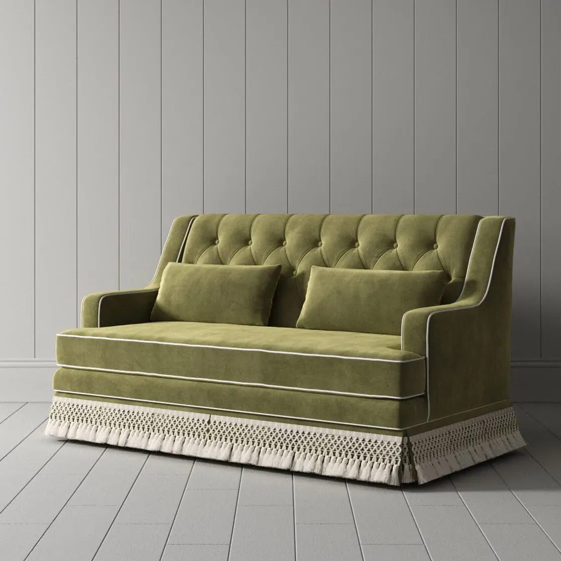 Fringe Skirt 3-Seater Sofa with Tufting - Olive Green, Velvet product