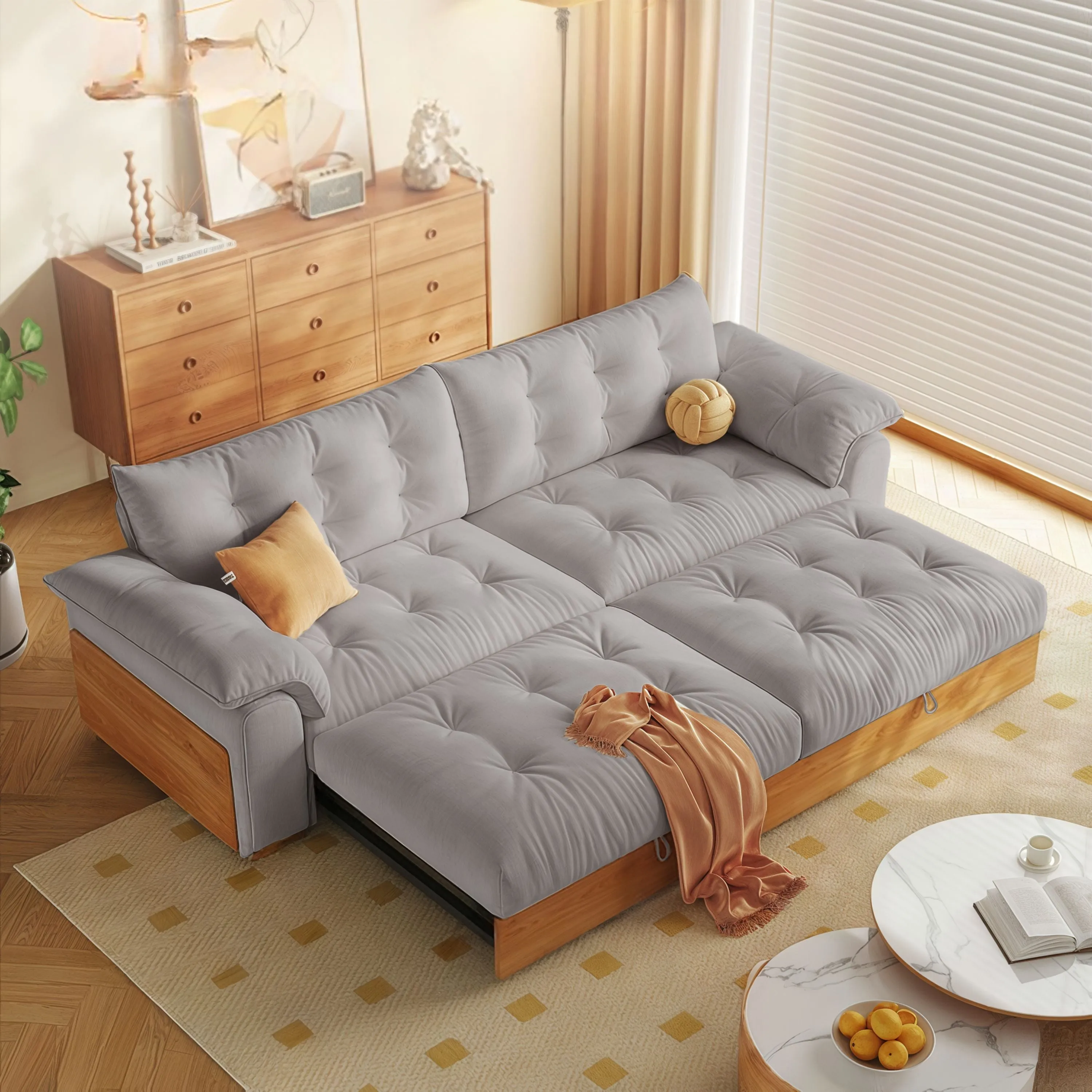 Solid Wood Folding Sofa Bed with Sleeper Chaise - Cotton Linen product