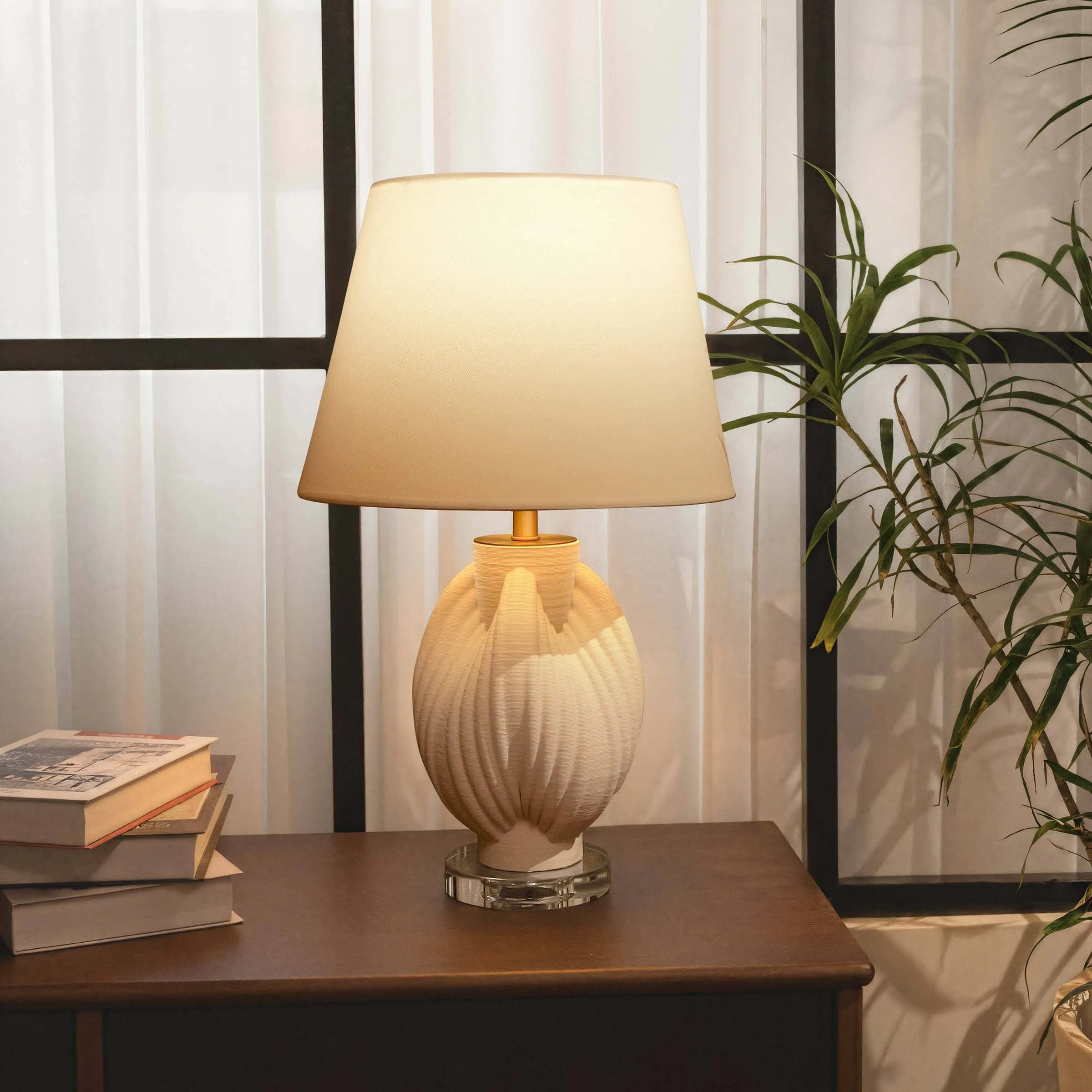 3D Pod Threaded Ceramic Table Lamp with Fabric Shade - White image