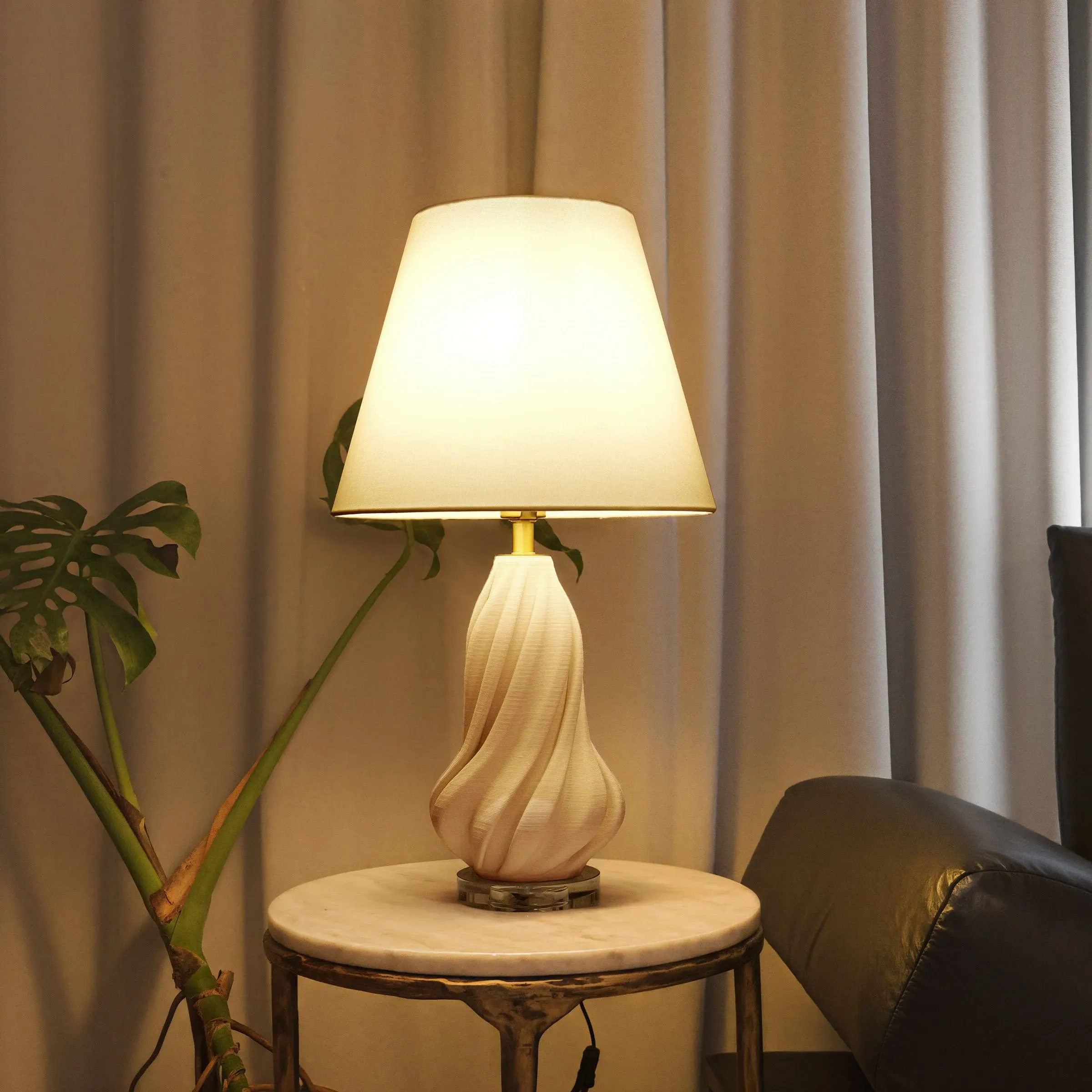 3D Spiral Vase Table Lamp with Fabric Shade - White, Ceramic product