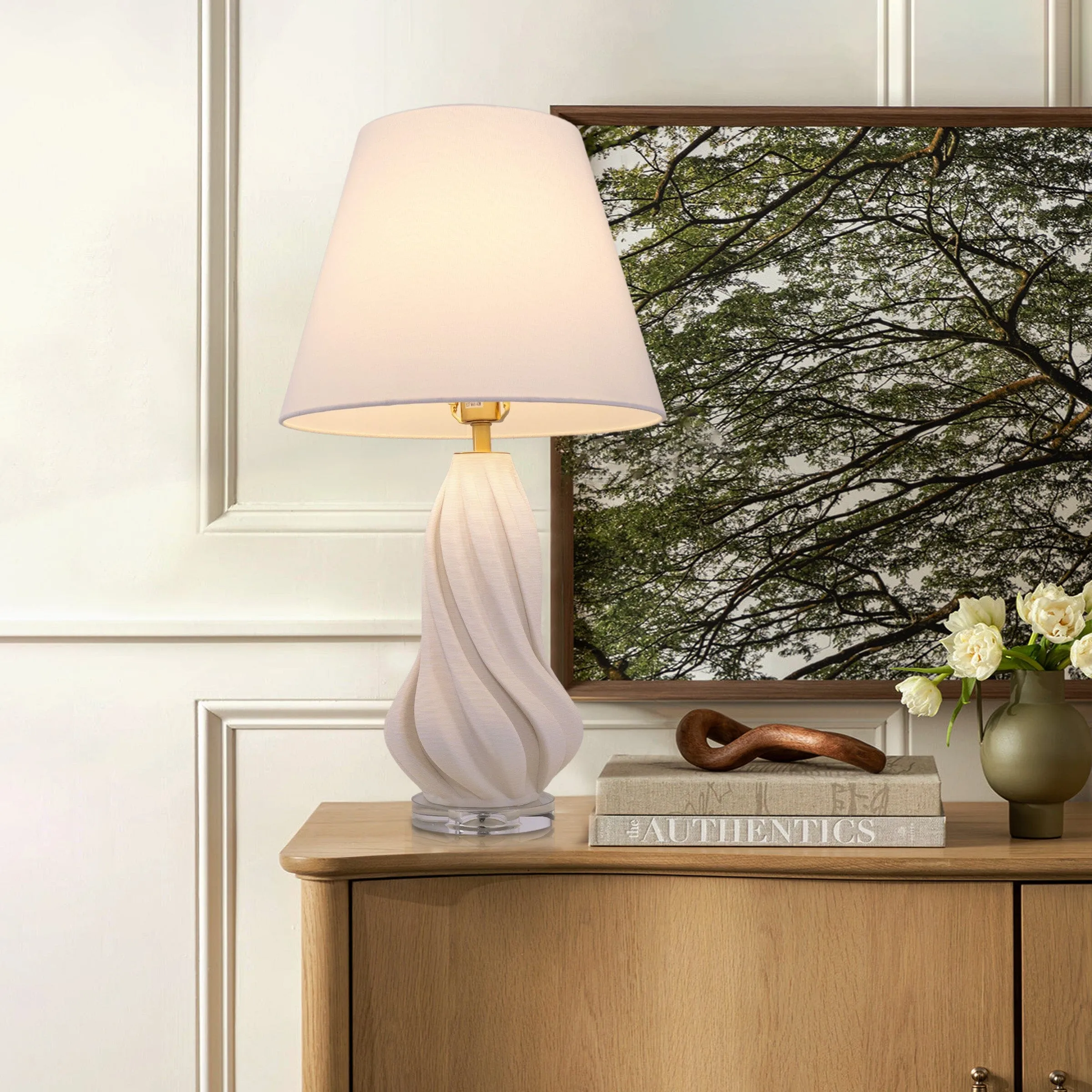 3D Spiral Vase Table Lamp with Fabric Shade - White, Ceramic