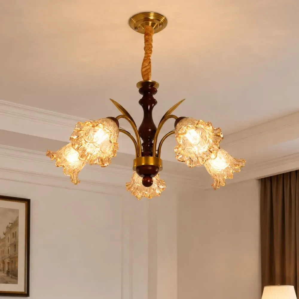 5-Light Glass Flower Chandelier E27 Pendant Lamp - Copper product