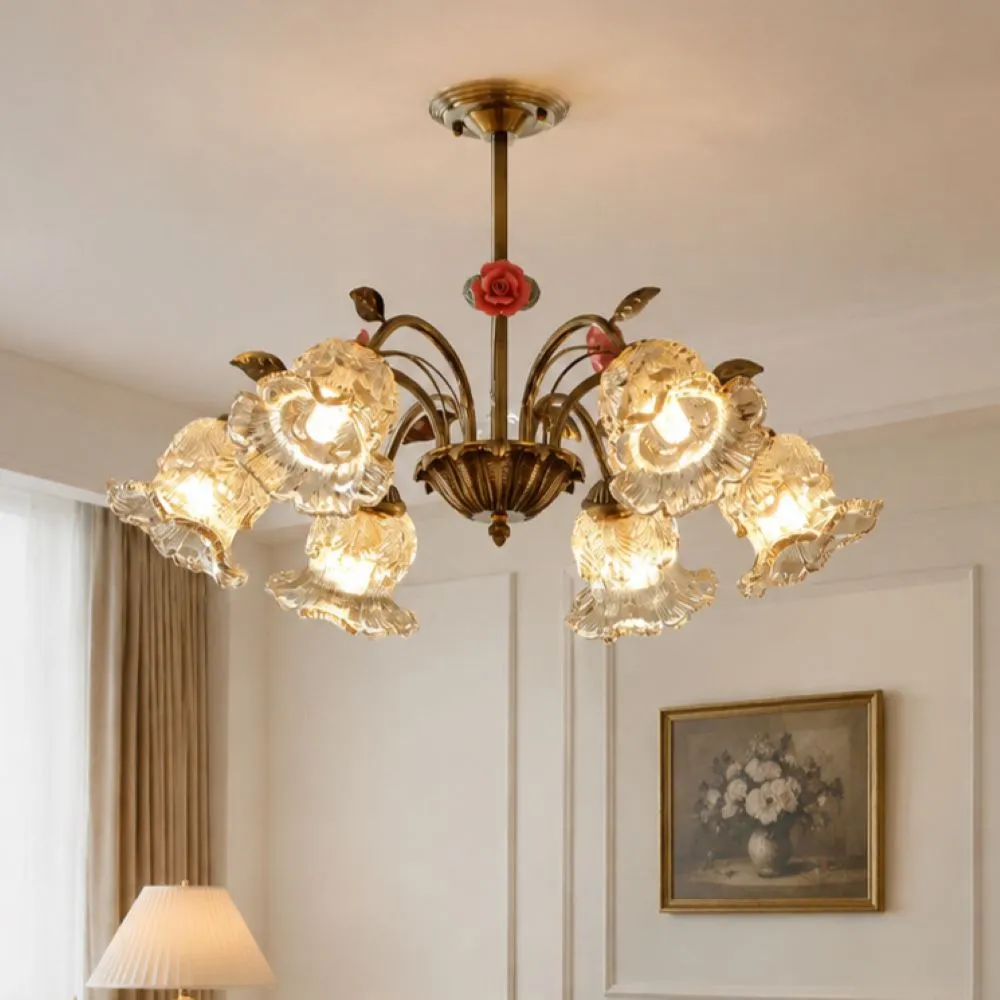 6-Light Floral Glass Chandelier E27 - Gold, Iron & Glass product