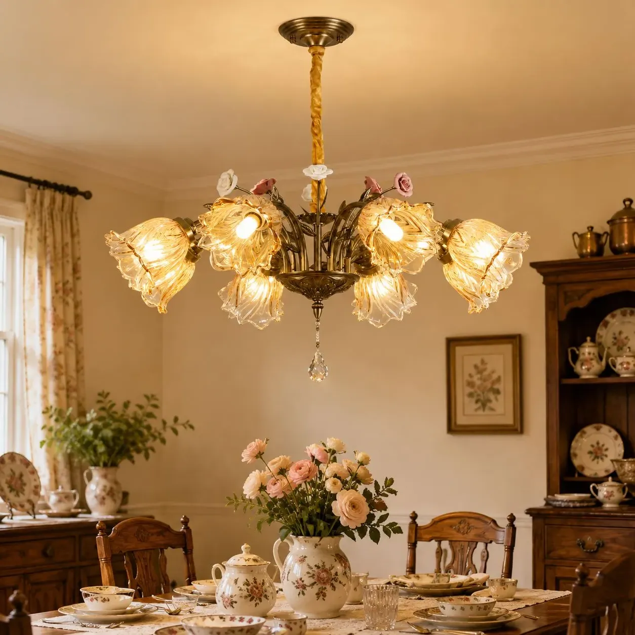 8-Light Ceramic Flower Pendant Light - Antique Bronze, Amber product