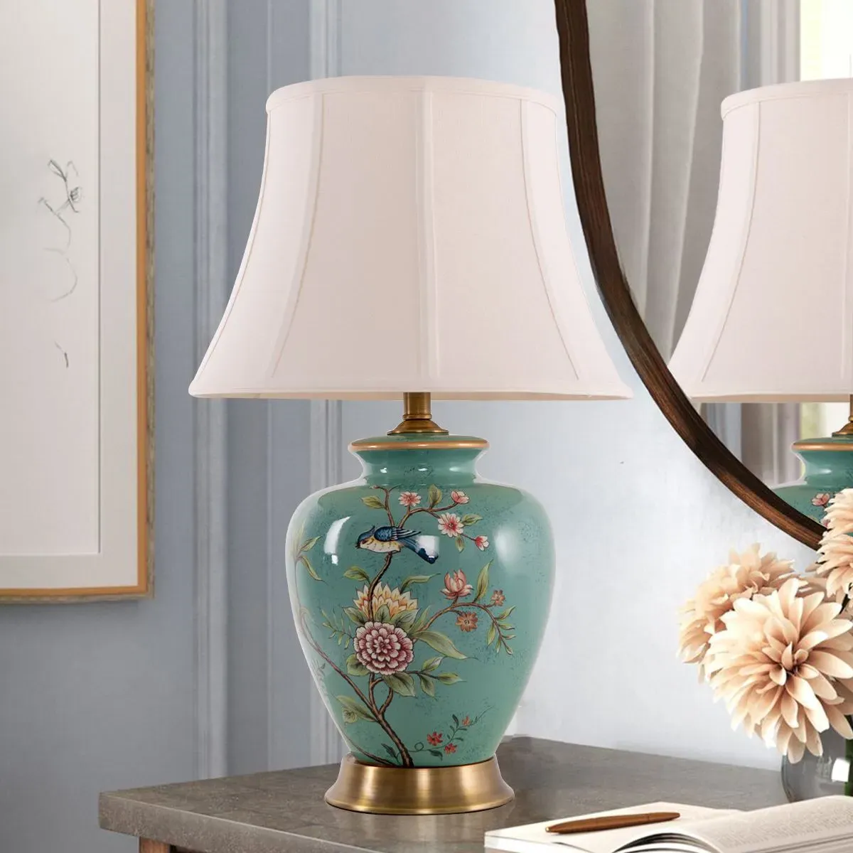 Bird-Pattern Ceramic Table Lamp with Fabric Shade - Green image