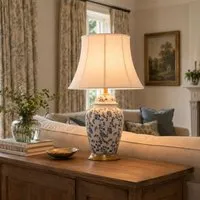 Blue Floral Ceramic Table Lamp with Fabric Shade - White, Ceramic alternate view