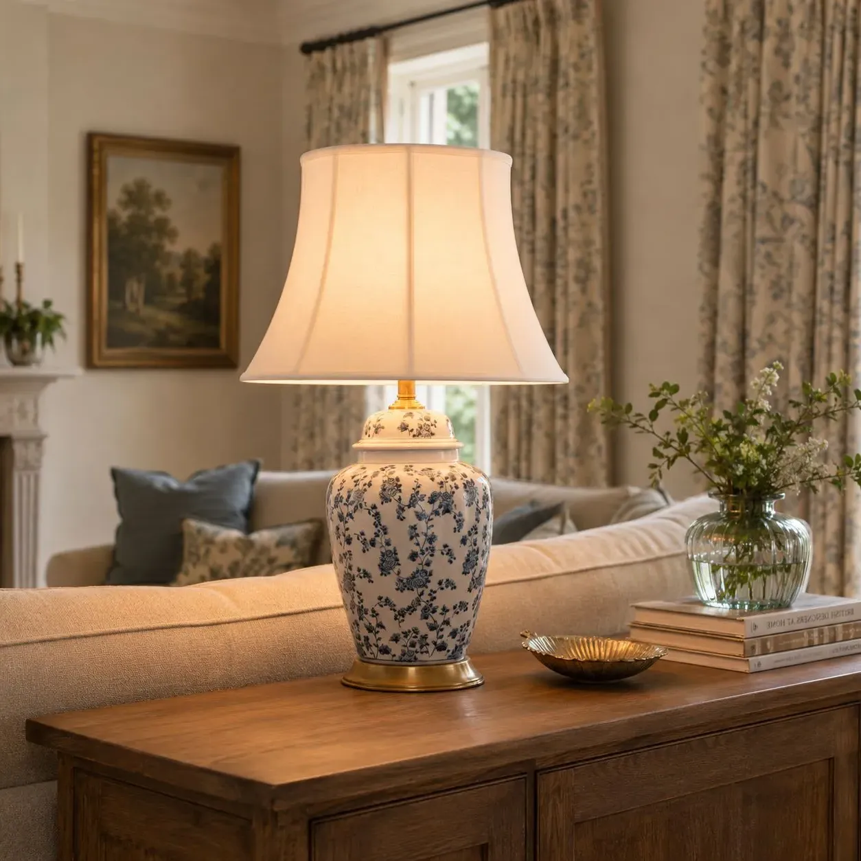 Blue Floral Ceramic Table Lamp with Fabric Shade - White, Ceramic product