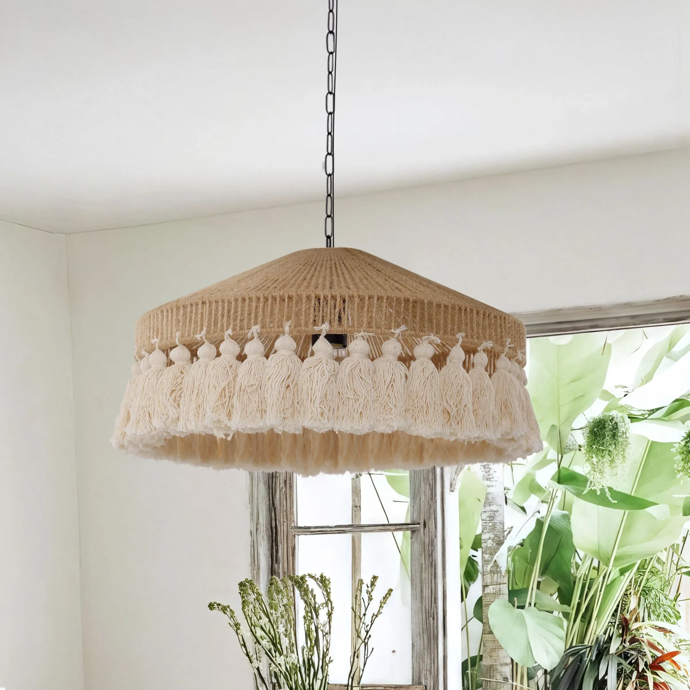 Boho Woven Pendant Light with Tassels - Khaki, Hemp Rope product