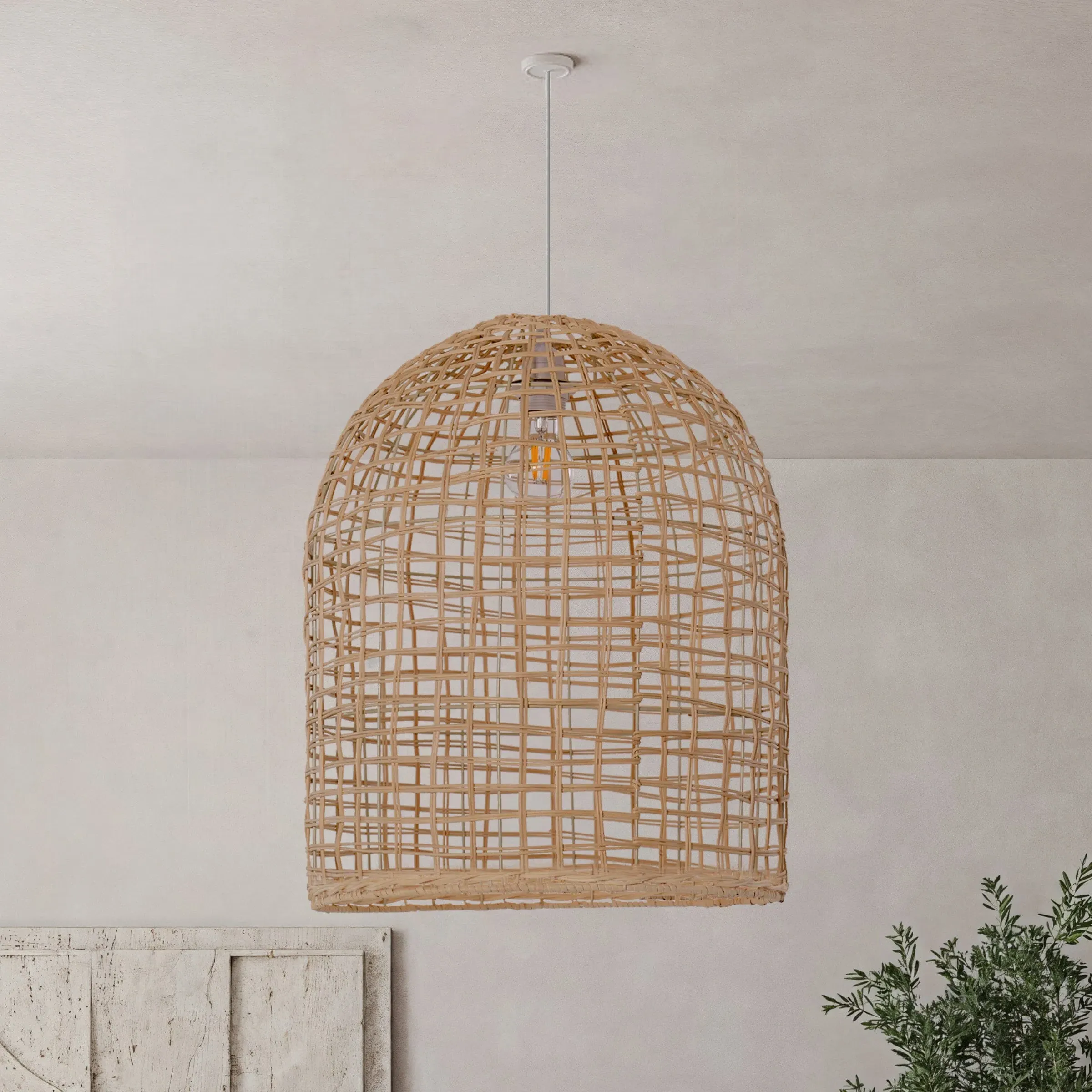 Cage Shape Rattan Pendant Light - Natural