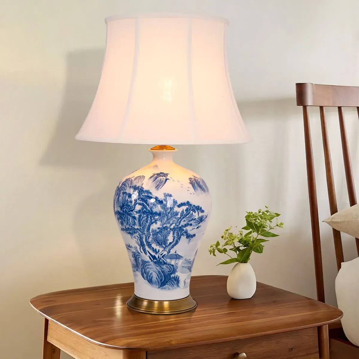 Ceramic Desk Lamp - Blue and White, Fabric Shade image