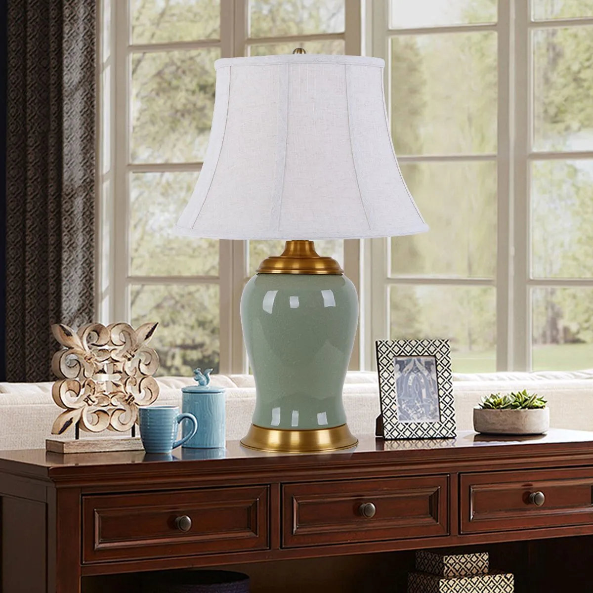 Crackle Ceramic Table Lamp with Fabric Shade - Green