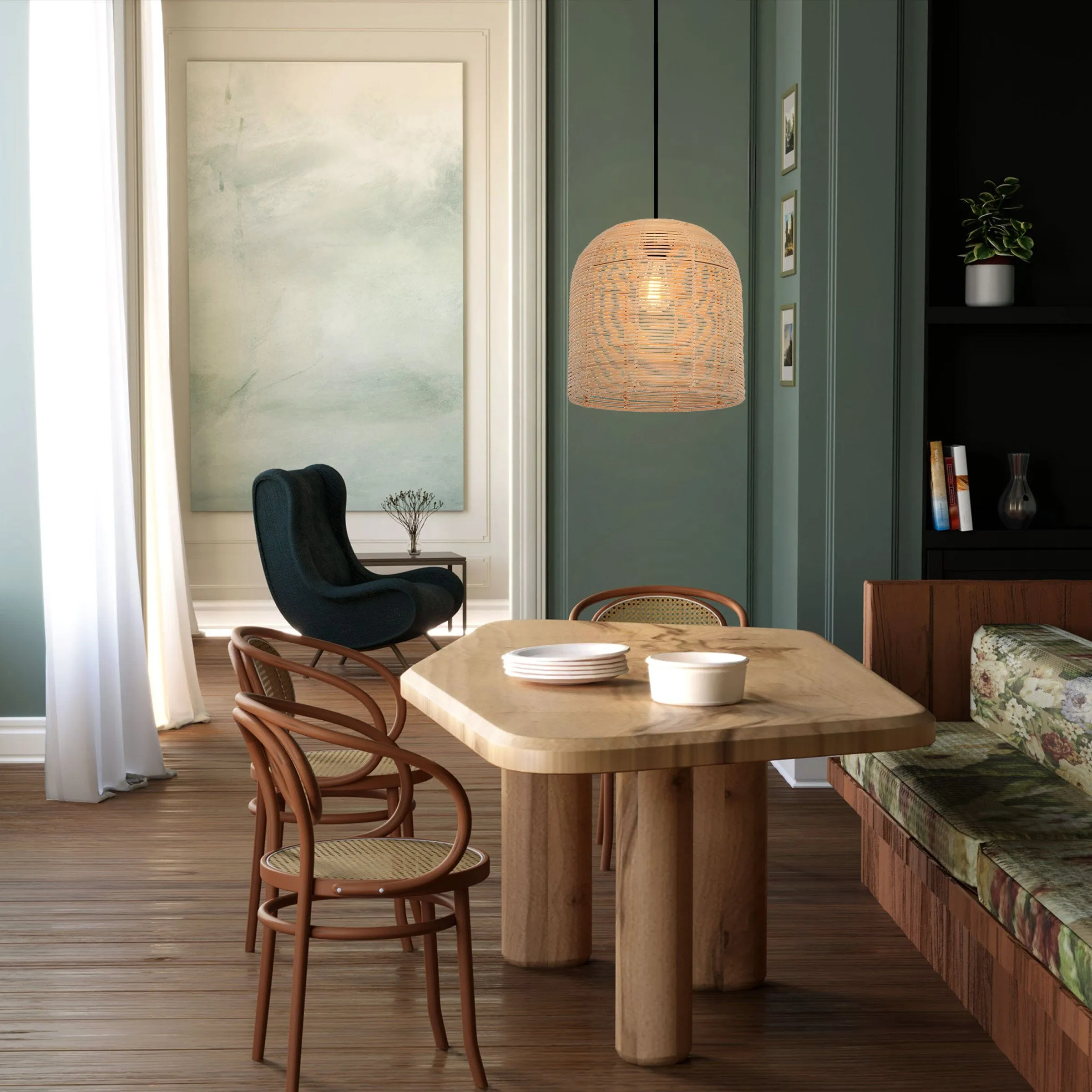 Dome Pendant Light with Adjustable Cord - Brown, Rattan image