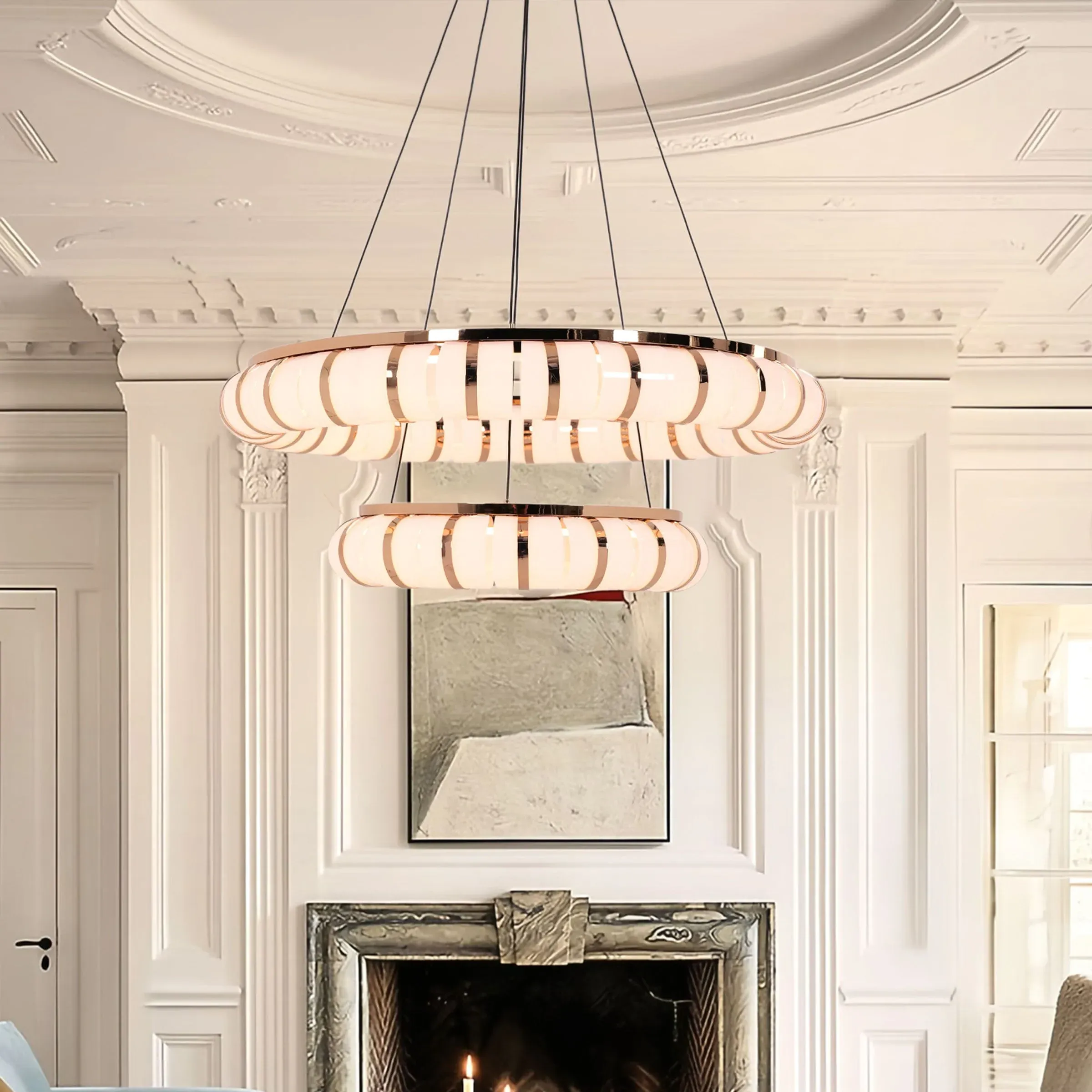 Dual-Ring LED Pendant Light with Adjustable Suspension - Gold image