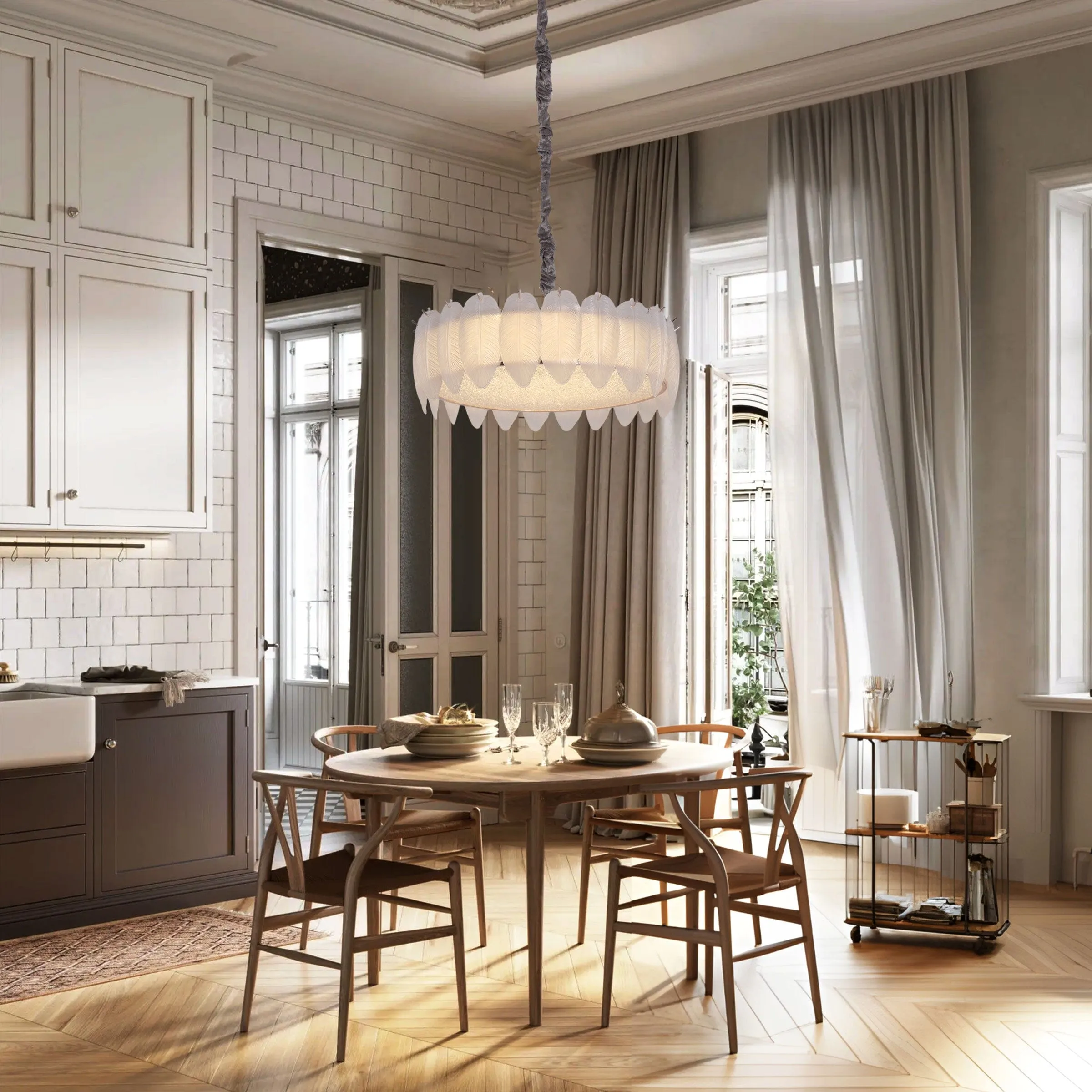 Feather Glass Chandelier with Adjustable Height - Gold, Metal image