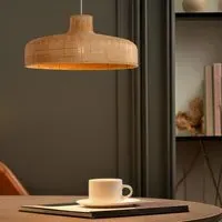 Flat Teapot-Shaped Japanese Rattan Pendant Light - Natural