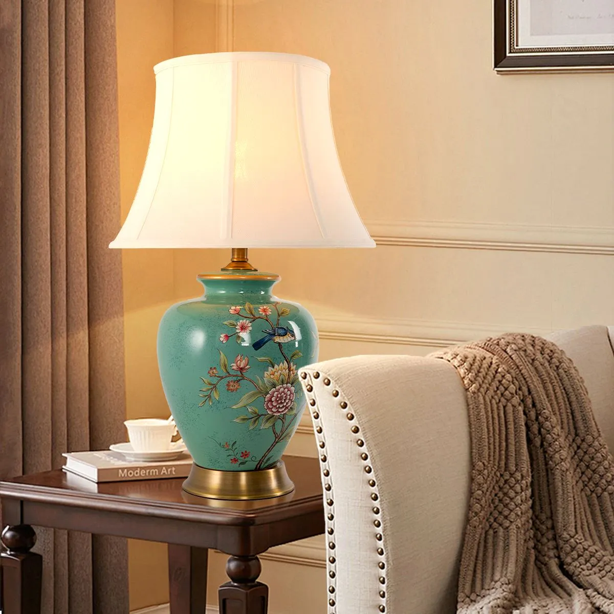 Floral Ceramic Table Lamp with Fabric Shade - Green