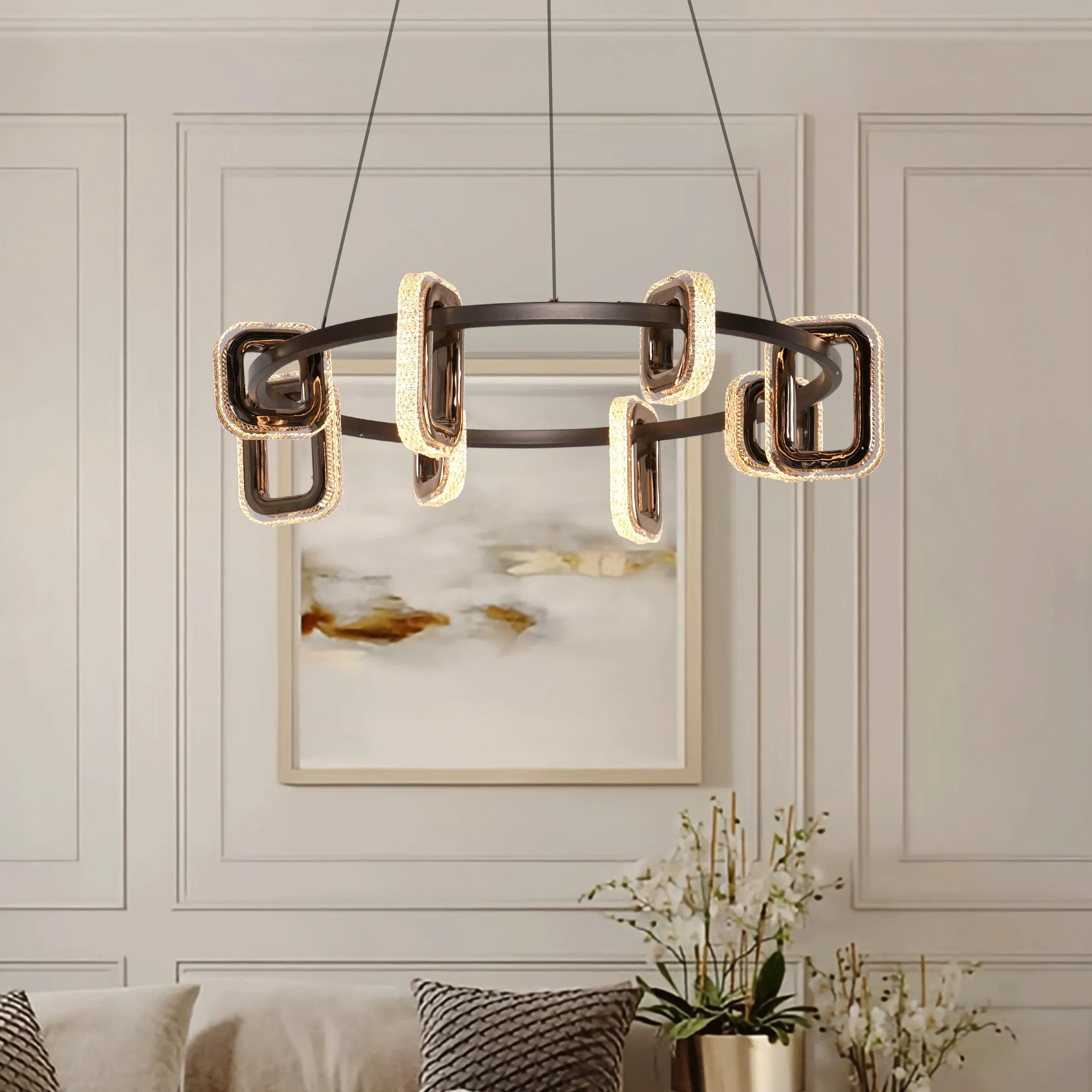 Gold Geometric LED Pendant Light with Acrylic Accents