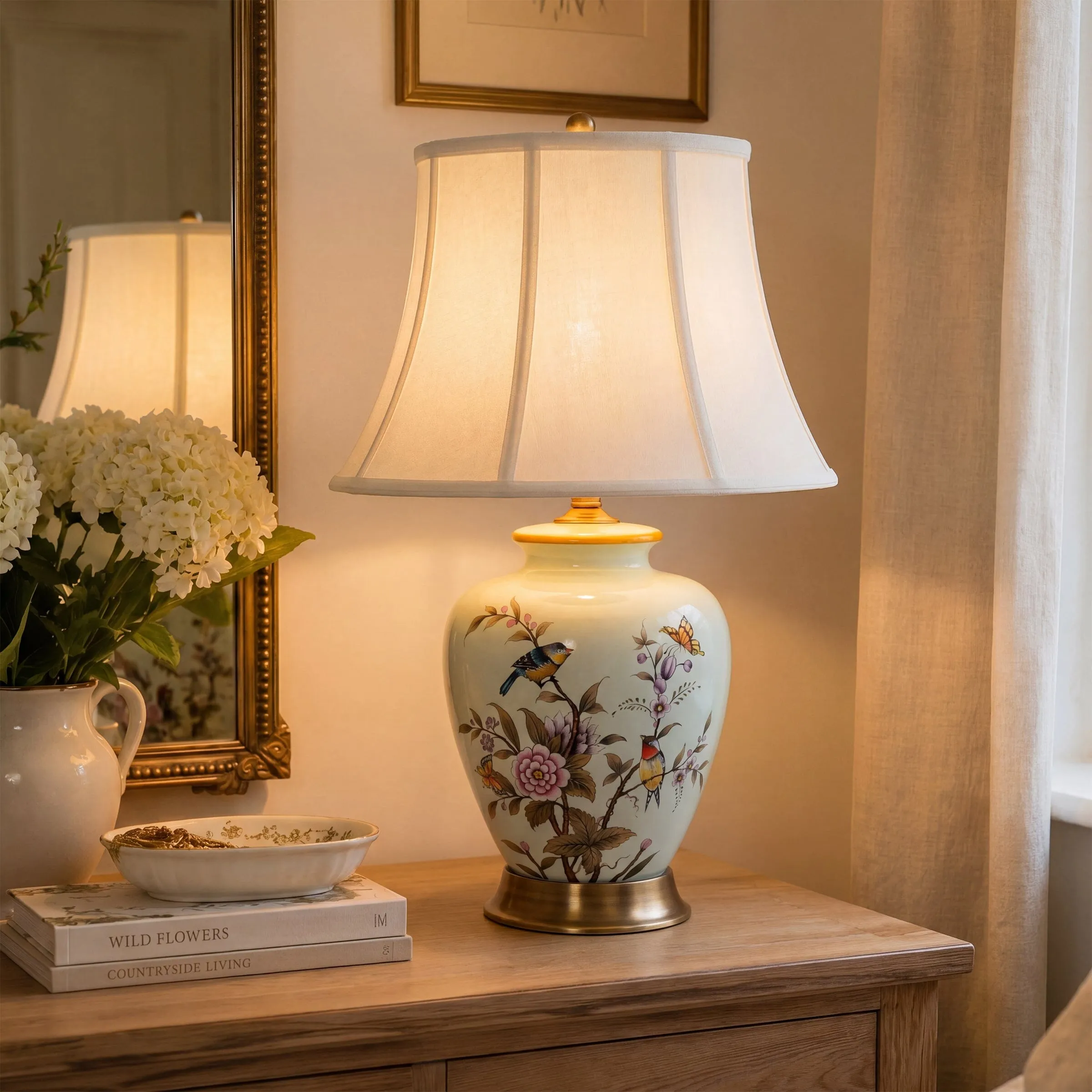 Hand-Painted Ceramic Bird & Floral Table Lamp - Celadon Green product