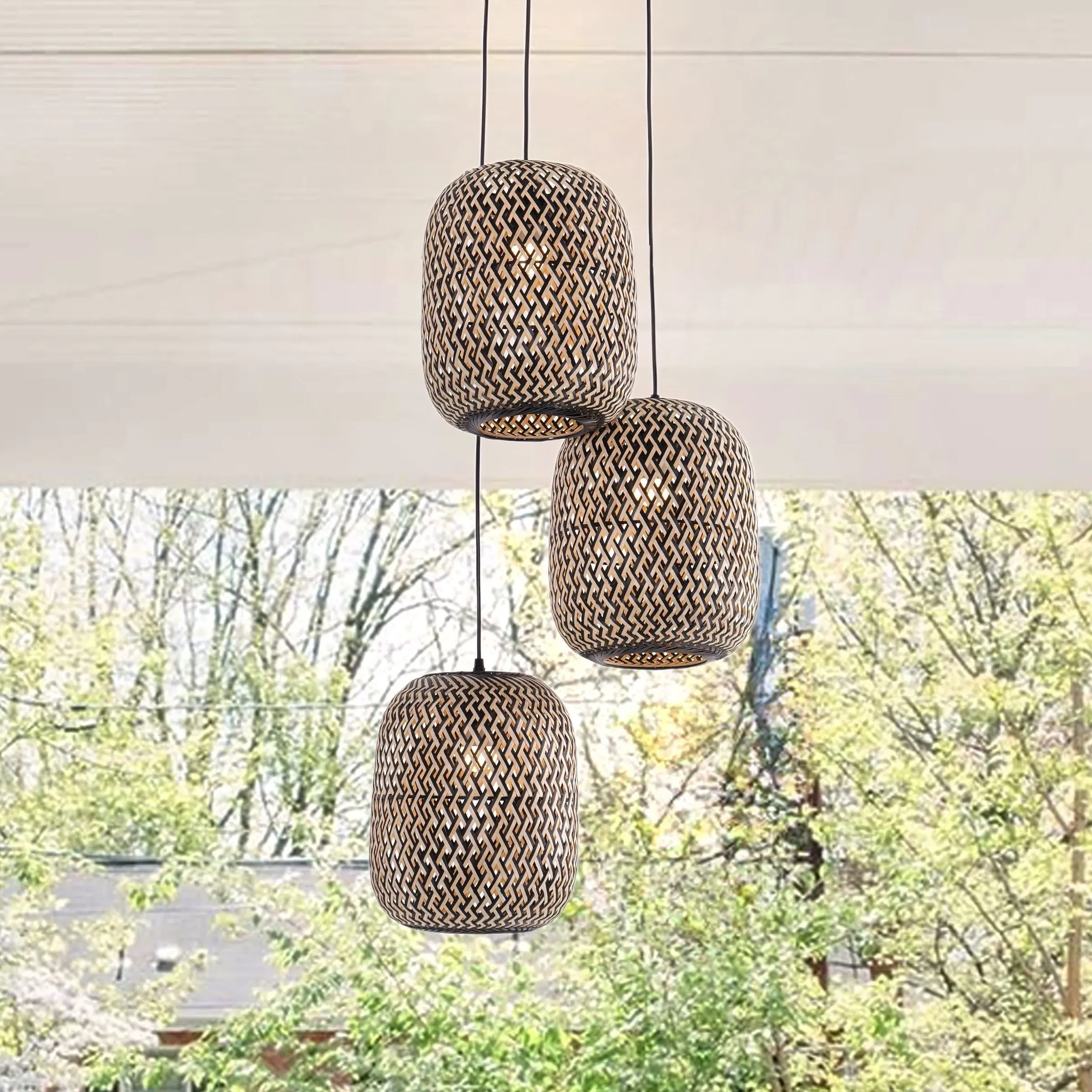 Handcrafted 3-Light Pendant Lamp - Black, Bamboo