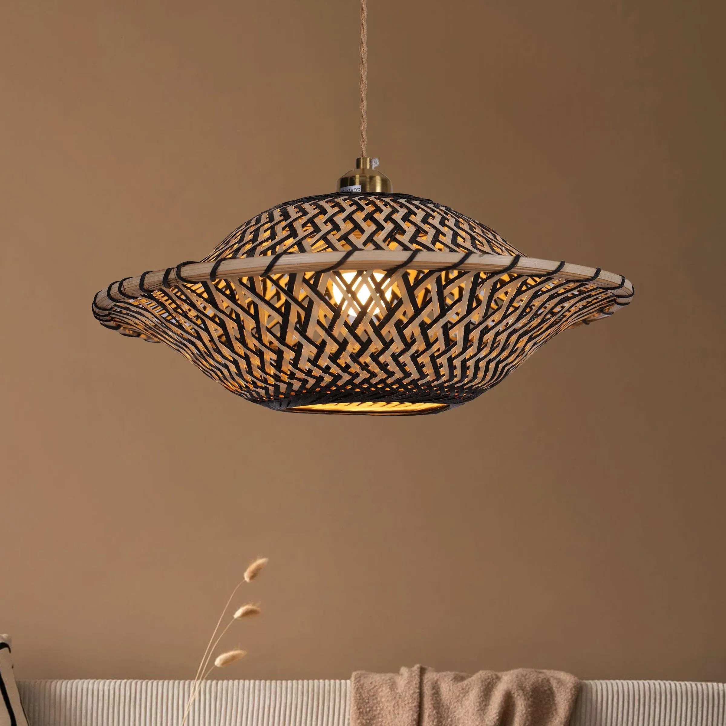 Handcrafted Bamboo Pendant Light with Black Accents - Brown