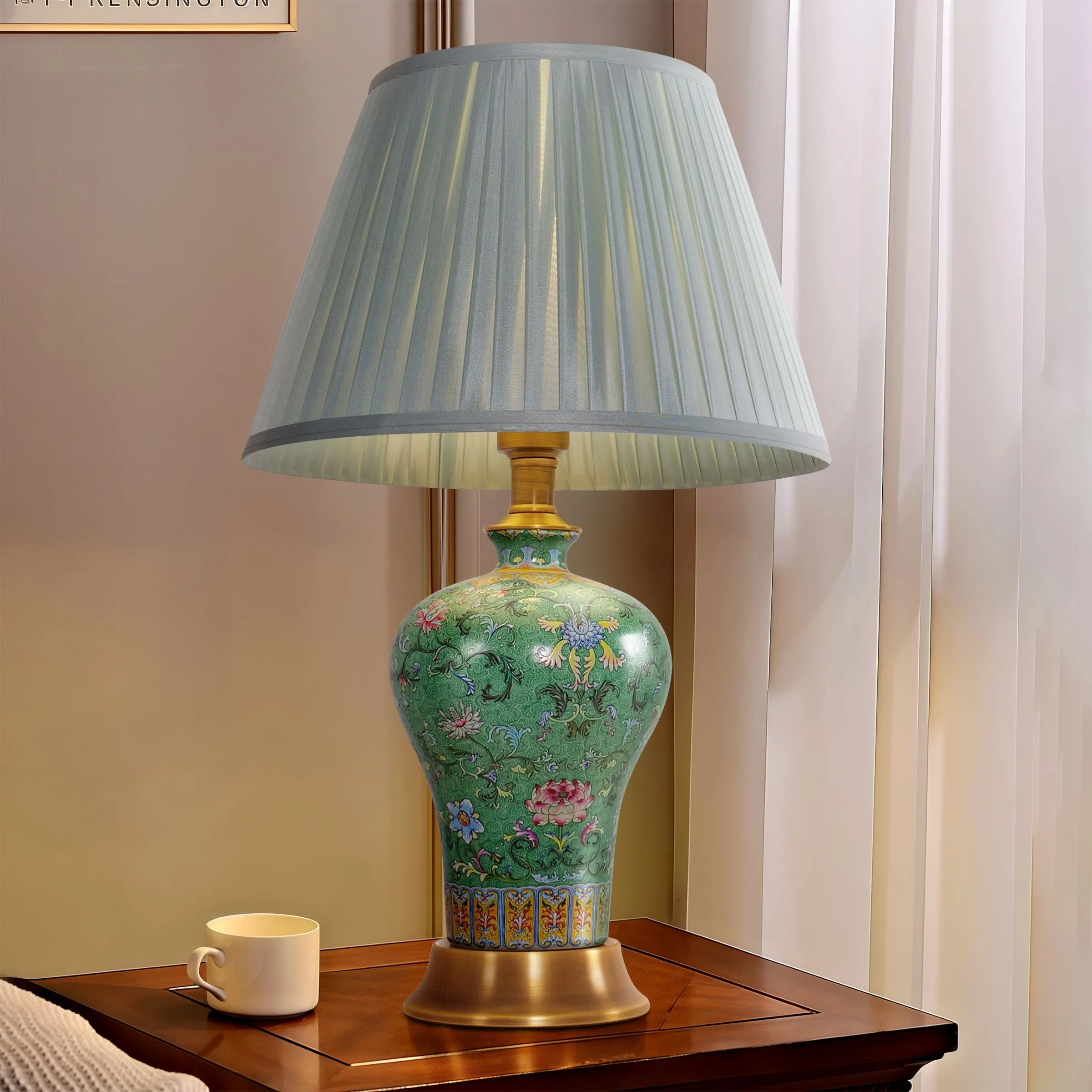 Handcrafted Ceramic Table Lamp with Fabric Shade - Blue image