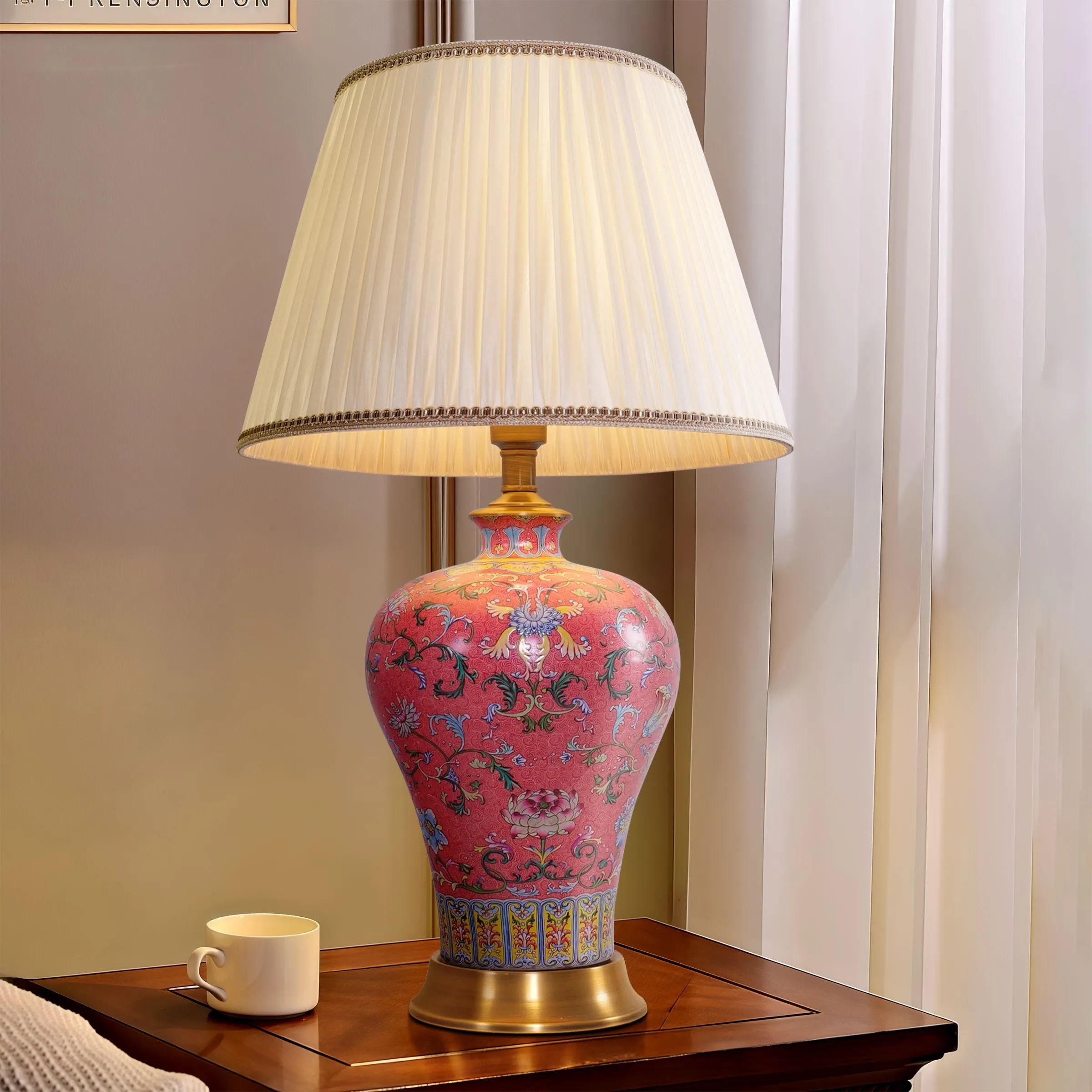 Handcrafted Ceramic Table Lamp with Fabric Shade - Multicolor
