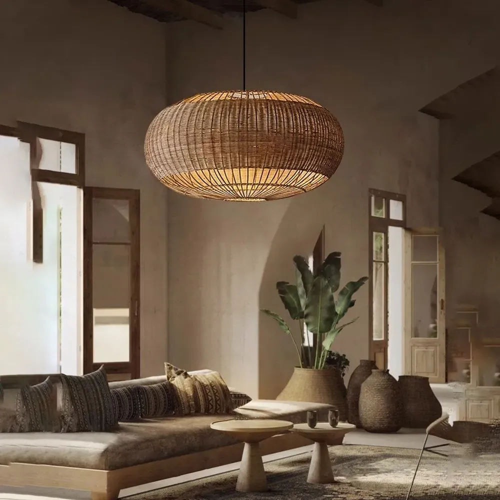 Handcrafted Flat Round Basket Rattan Pendant Light - Natural product