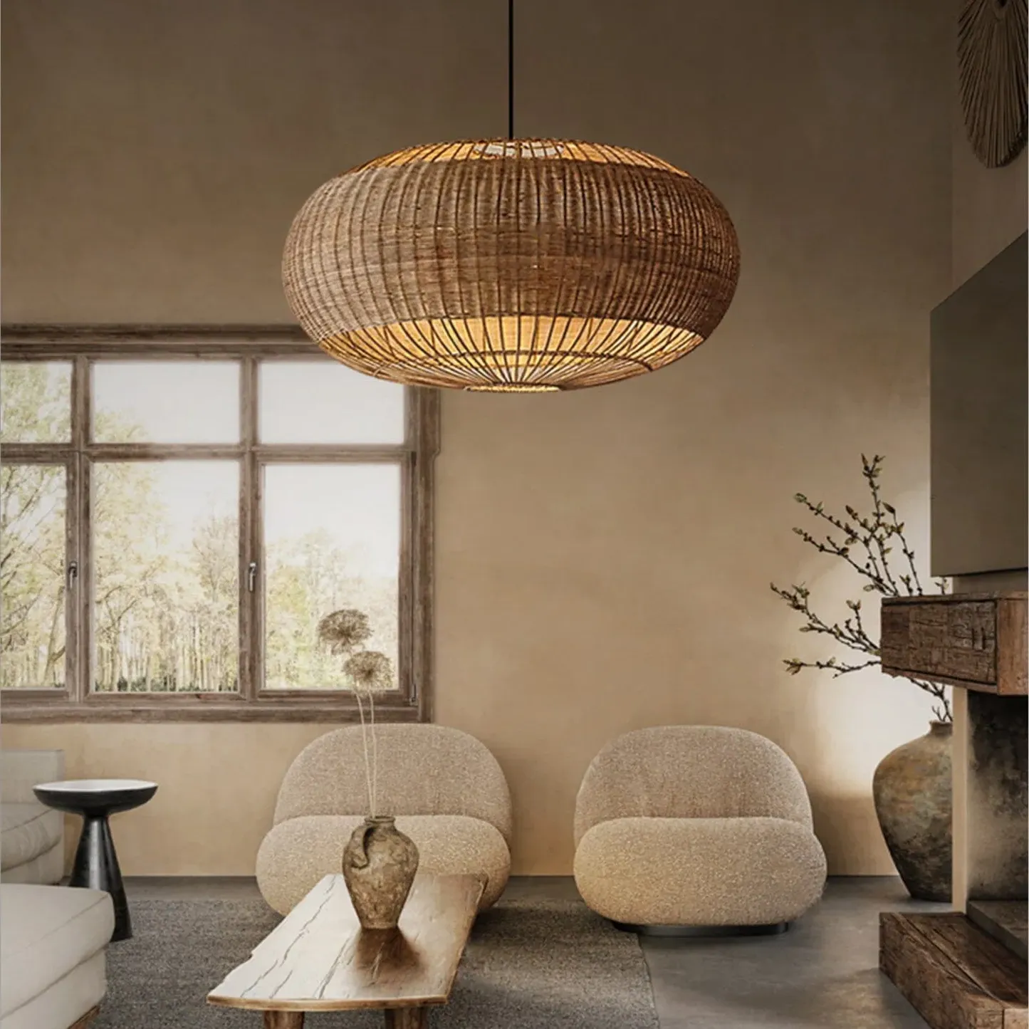 Handcrafted Round Basket Pendant Light - Natural, Rattan