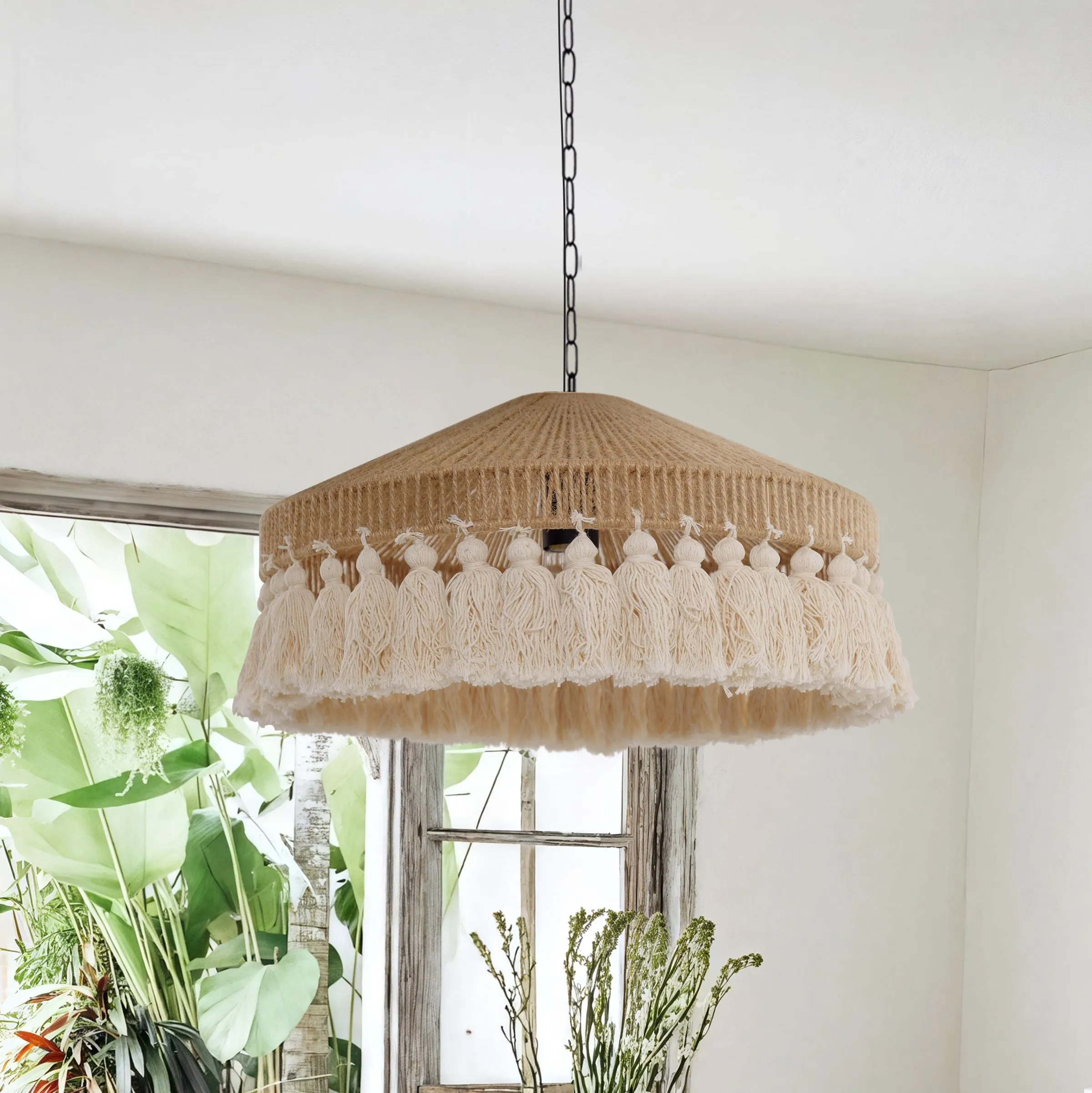 Handcrafted Woven Hemp Rope Hanging Pendant Light with Tassel image