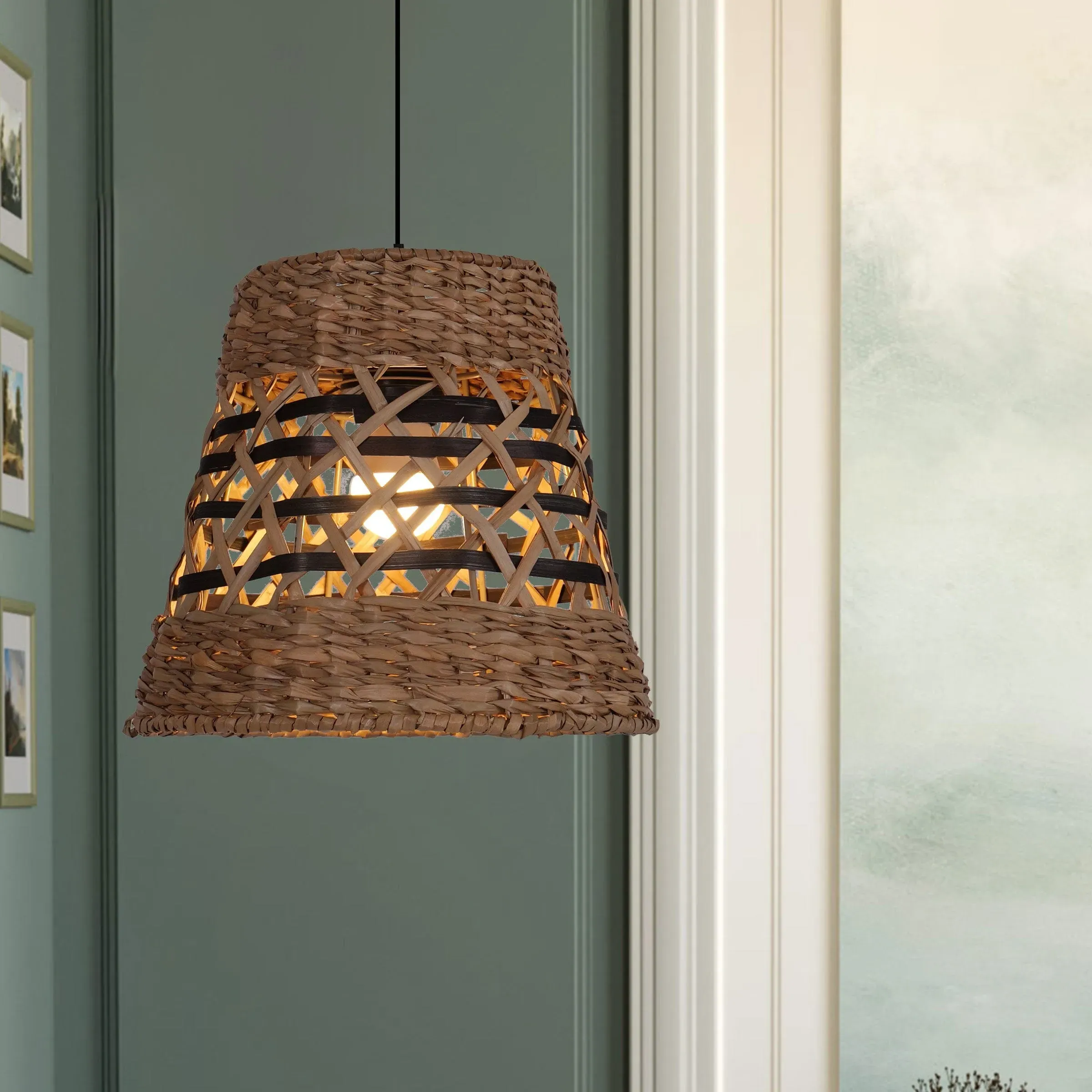 Handwoven Paper Rope Pendant Light - Brown, Straw image