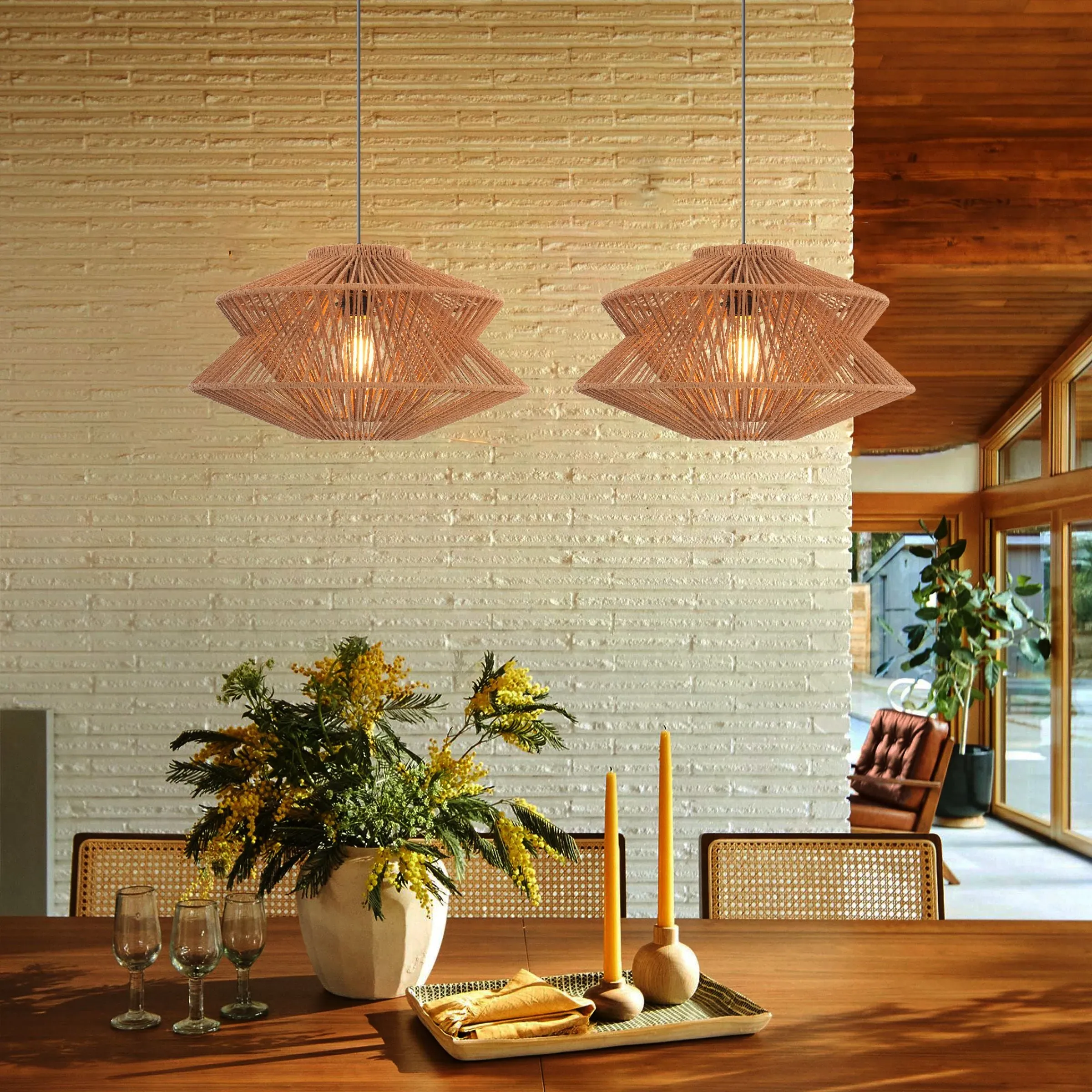 Handwoven Paper Rope Pendant Light - Khaki, Iron
