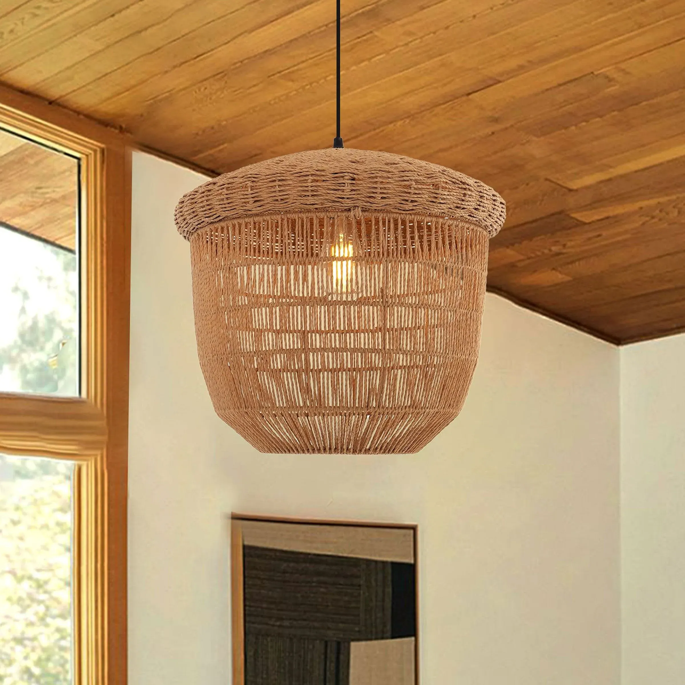 Handwoven Pendant Ceiling Light - Brown, Paper Rope