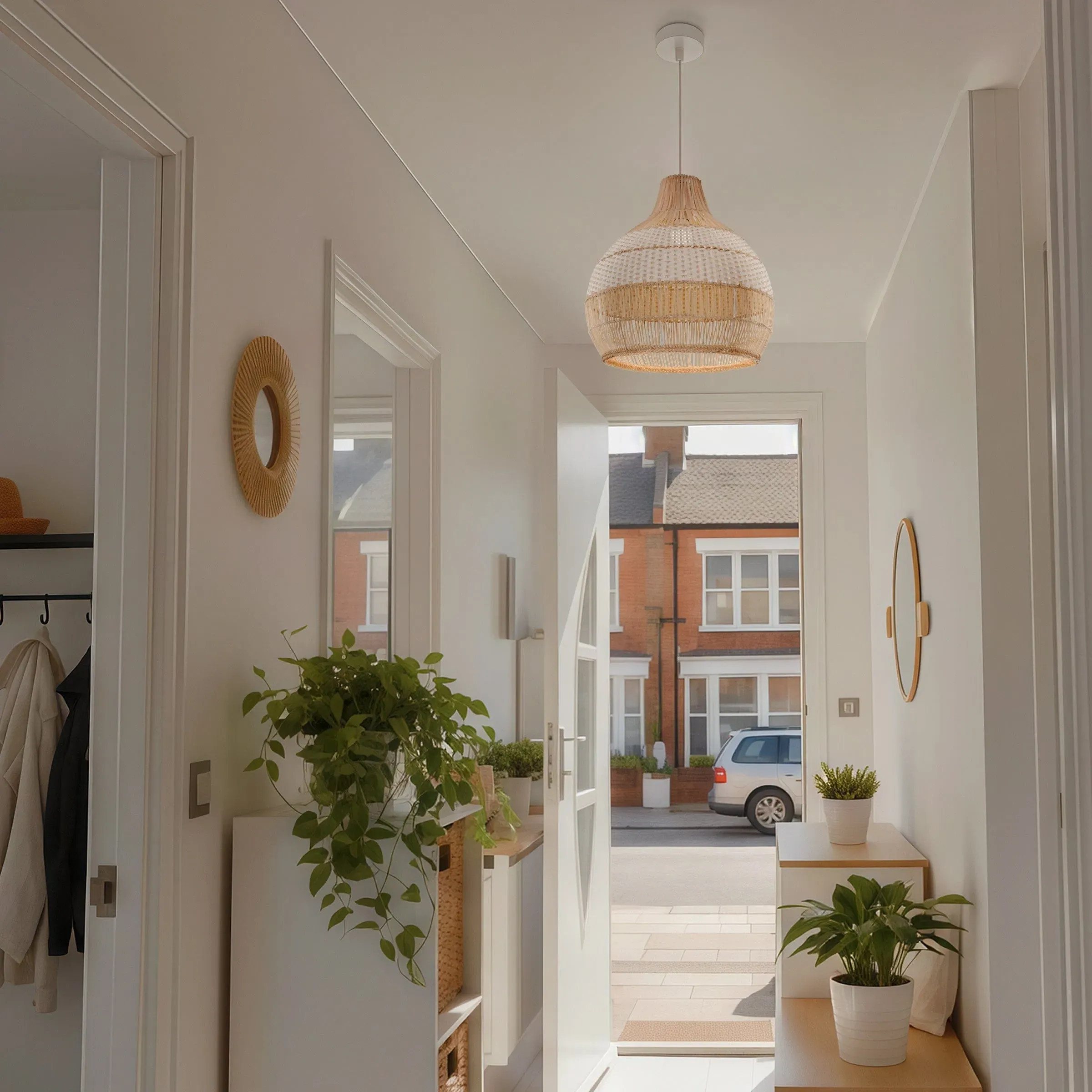 Handwoven Rattan Pendant Light - Natural, White