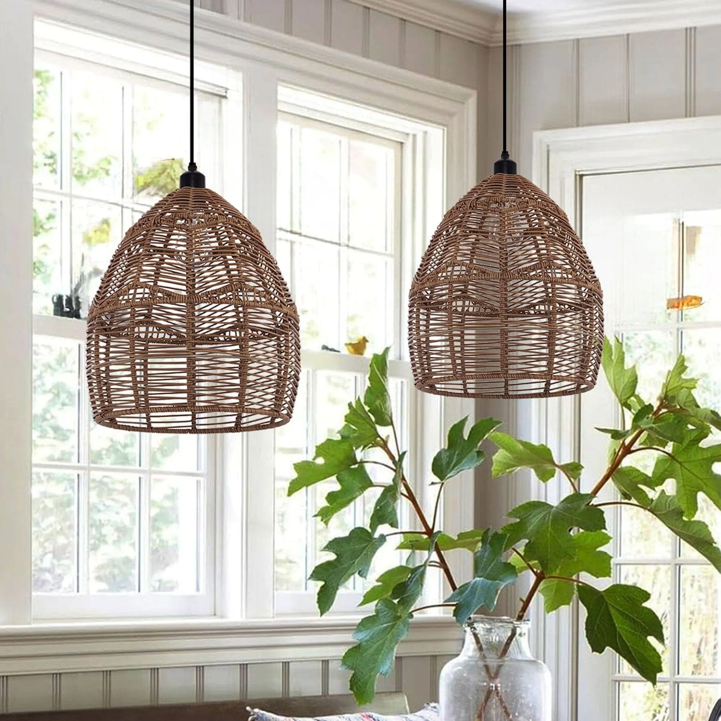 Handwoven Rattan Pendant Light with Adjustable Cord - Brown image