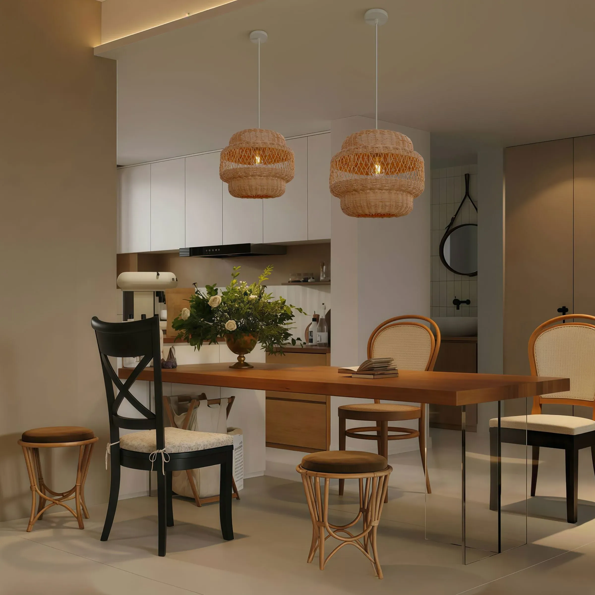 Hollow Weave Rattan Pendant Light - Natural Brown