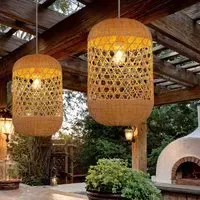 Japanese Capsule-Shaped Rattan Pendant Light - Natural