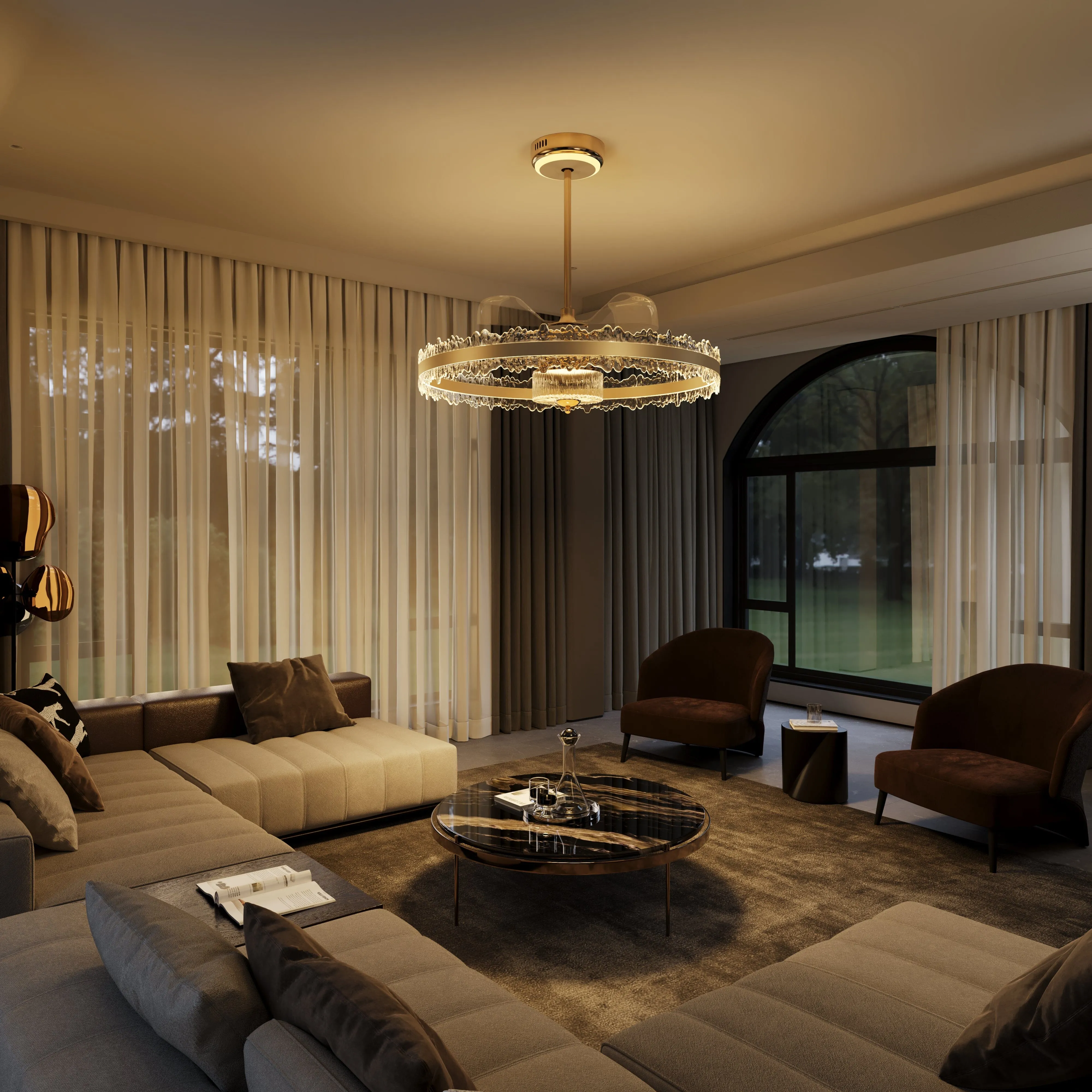 Metal Acrylic Ceiling Fan Light with Remote Control - Golden image