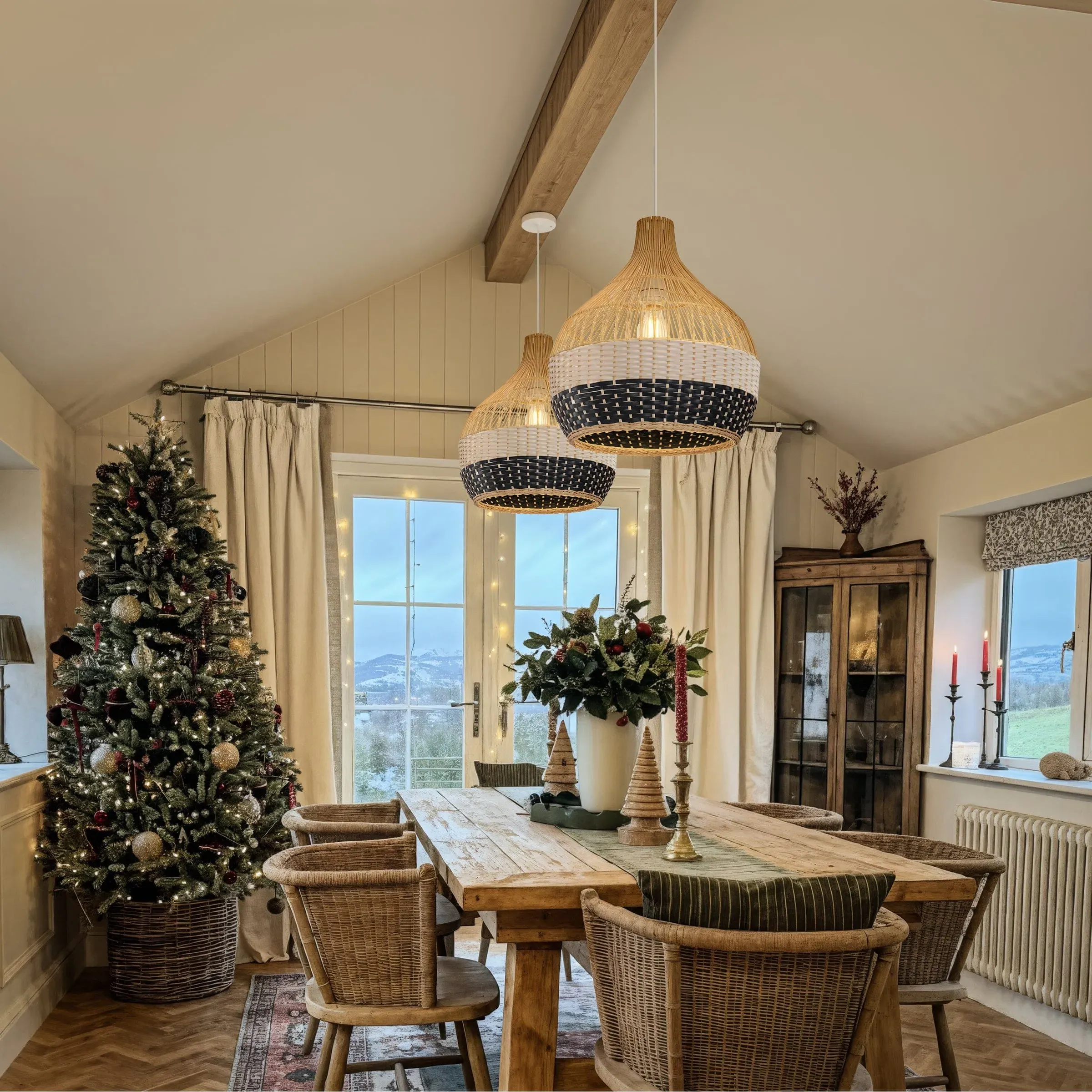 Monochrome Handwoven Rattan Pendant Light - Black, White